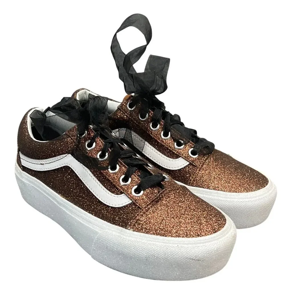 Vans Old Skool Sparkly Bronze Glitter Platform Sole Skate Shoe Sneaker Women 5.5